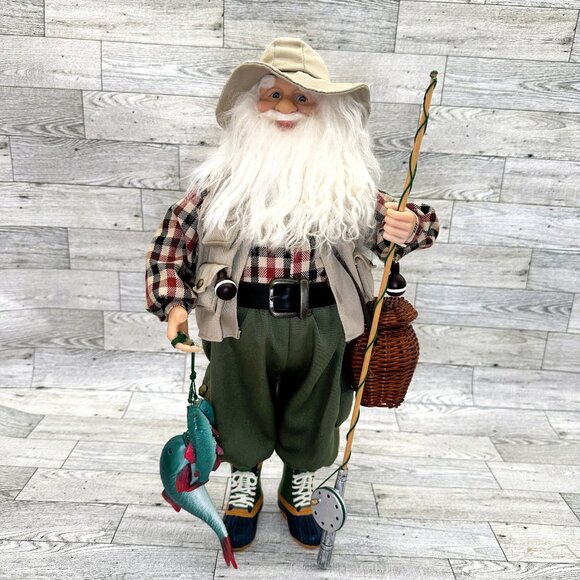Christmas 17" Fishing Santa Décor w/ Rod, Storage Basket, & 3 Caught Fish - Picture 1 of 8